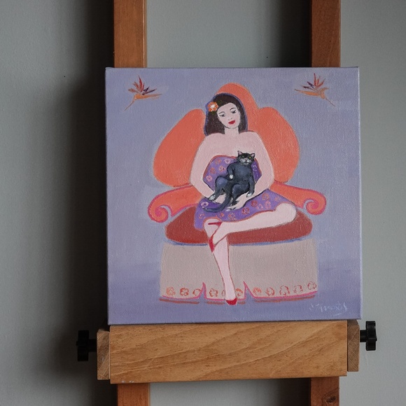 Oil painting, "Fauteuil corail". (Coral armchair)  12"x12" - Picture 3 of 6